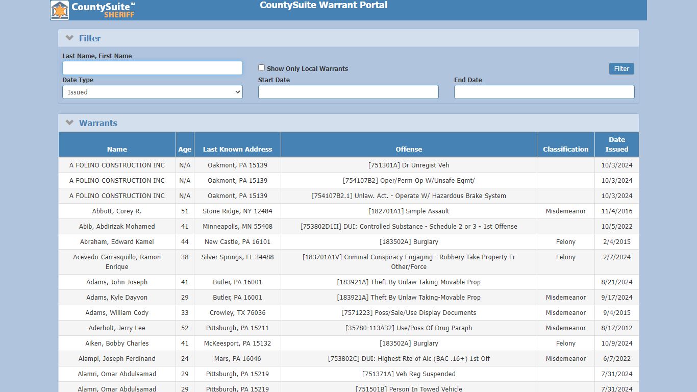 CountySuite Warrant Portal - Butler