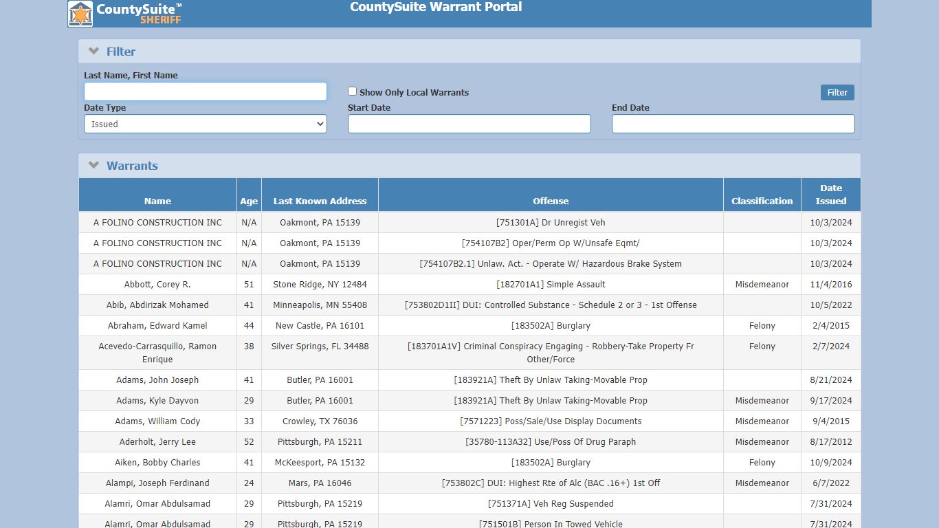 CountySuite Warrant Portal - Butler